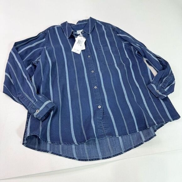 For The Republic Denim Shirt Womens 2X Blue Striped Button-Down Tee Mature New - Picture 1 of 8
